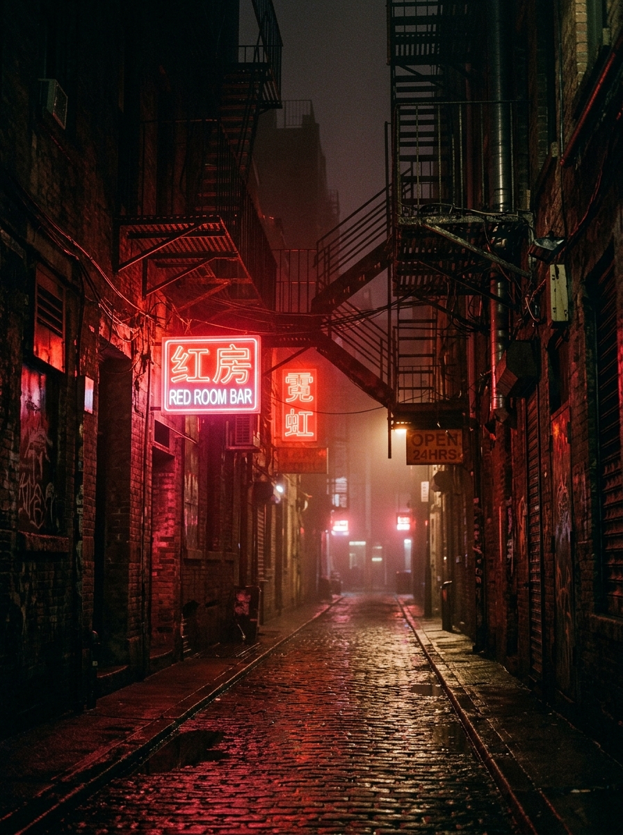 Cinematic atmosphere — dark urban street with amber neon glow